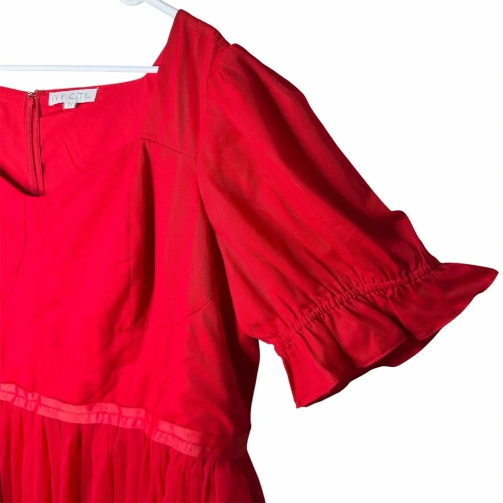 Ivy City Co. Ballerina Midi Dress in Red Size 3X Tulle Puff Sleeve Fit & Flare